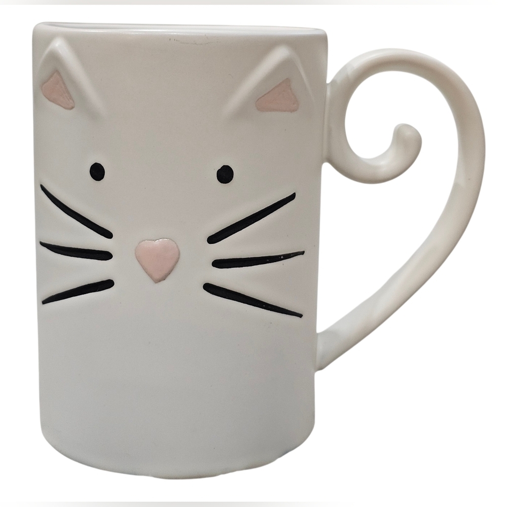 Cat Face Ceramic Mug - White and Pink, Like New Without Tags.